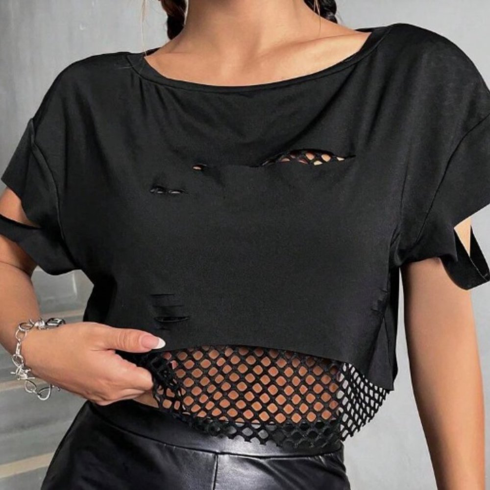 SHEIN ICON Solid Cut Out Fishnet Insert Drop Shoulder Crop Tee